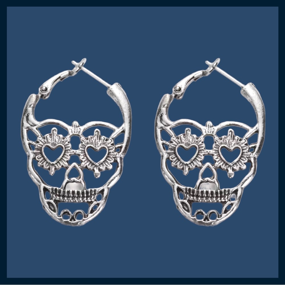 Silver Punk Rock Skull Earrings - Picture 2 of 8